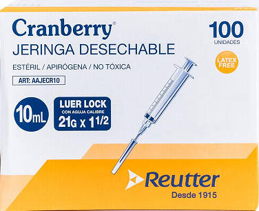 Foto Jeringa Luer Lock 10 ml 21 G x 1 1/2 con aguja Cranberry